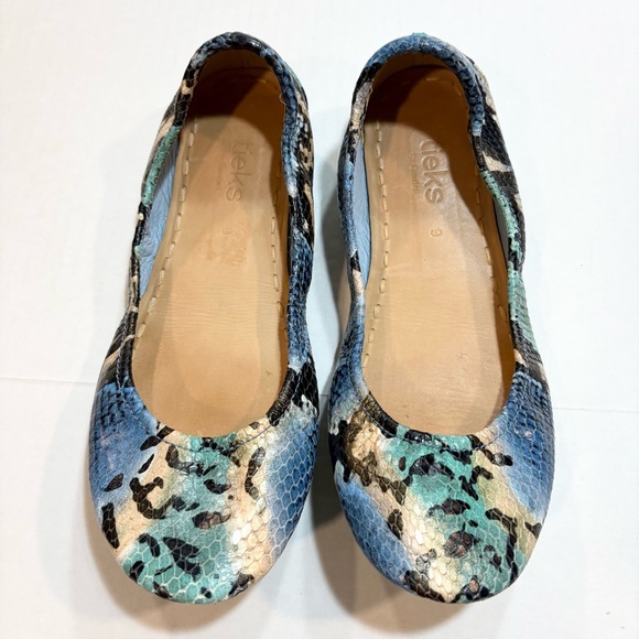 Tieks Azure Snakeskin Ballet Flats Size 9 Teal Blue Green Cream Travel Foldable - Picture 2 of 15
